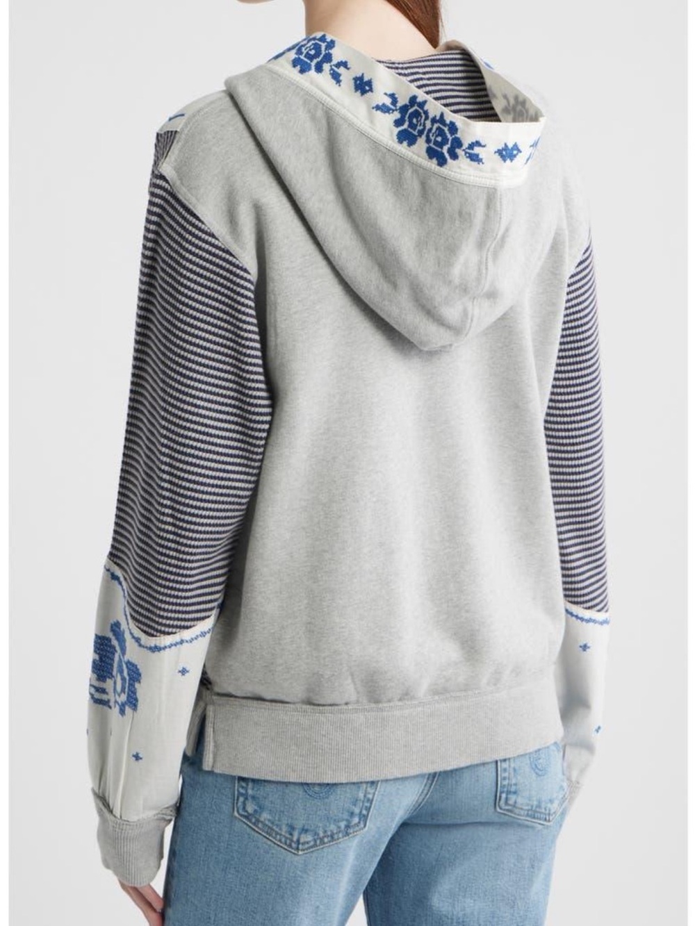 We The Free Light Gray Hoodie with Blue Floral Trim and Striped Sleeves